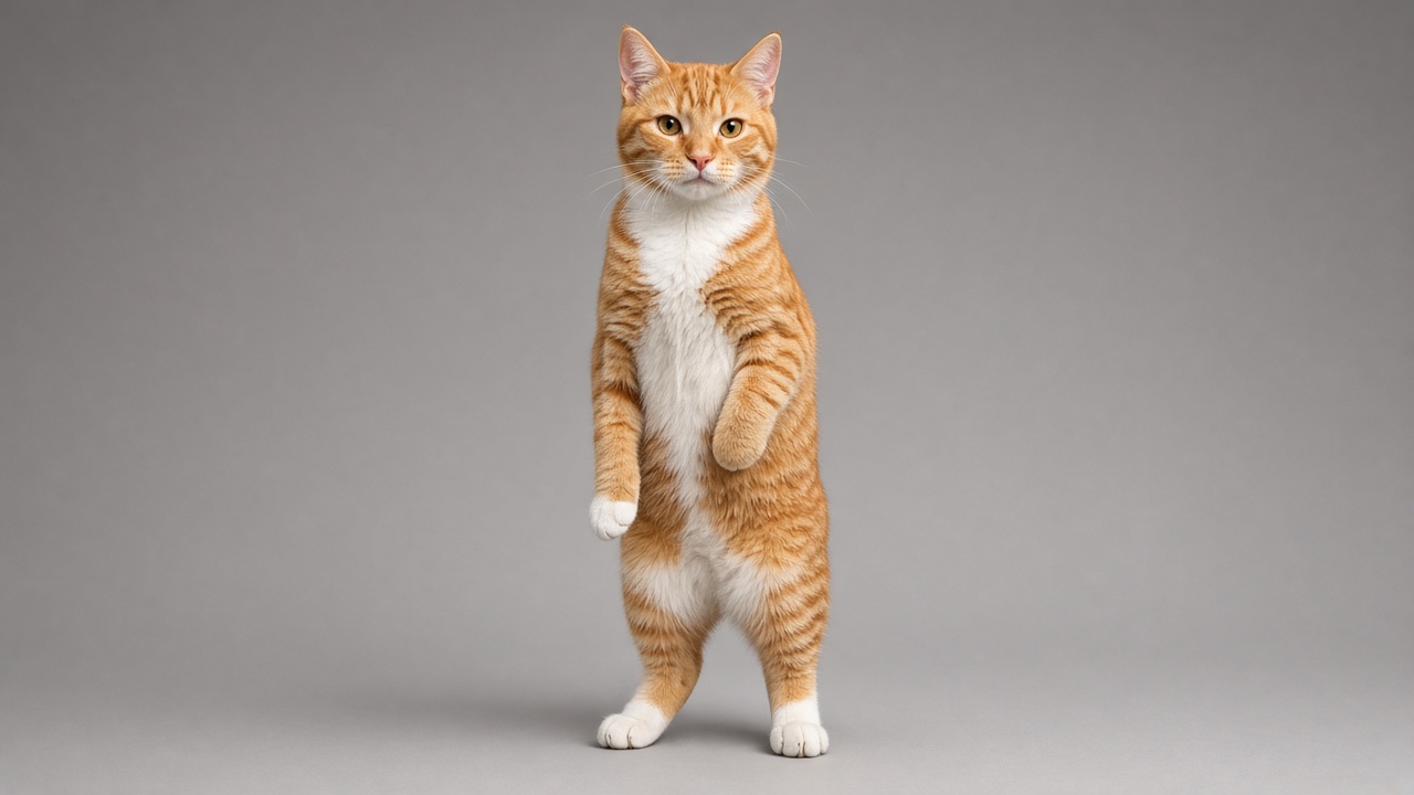 Original photo of an orange tabby cat standing on its hind legs against a gray background